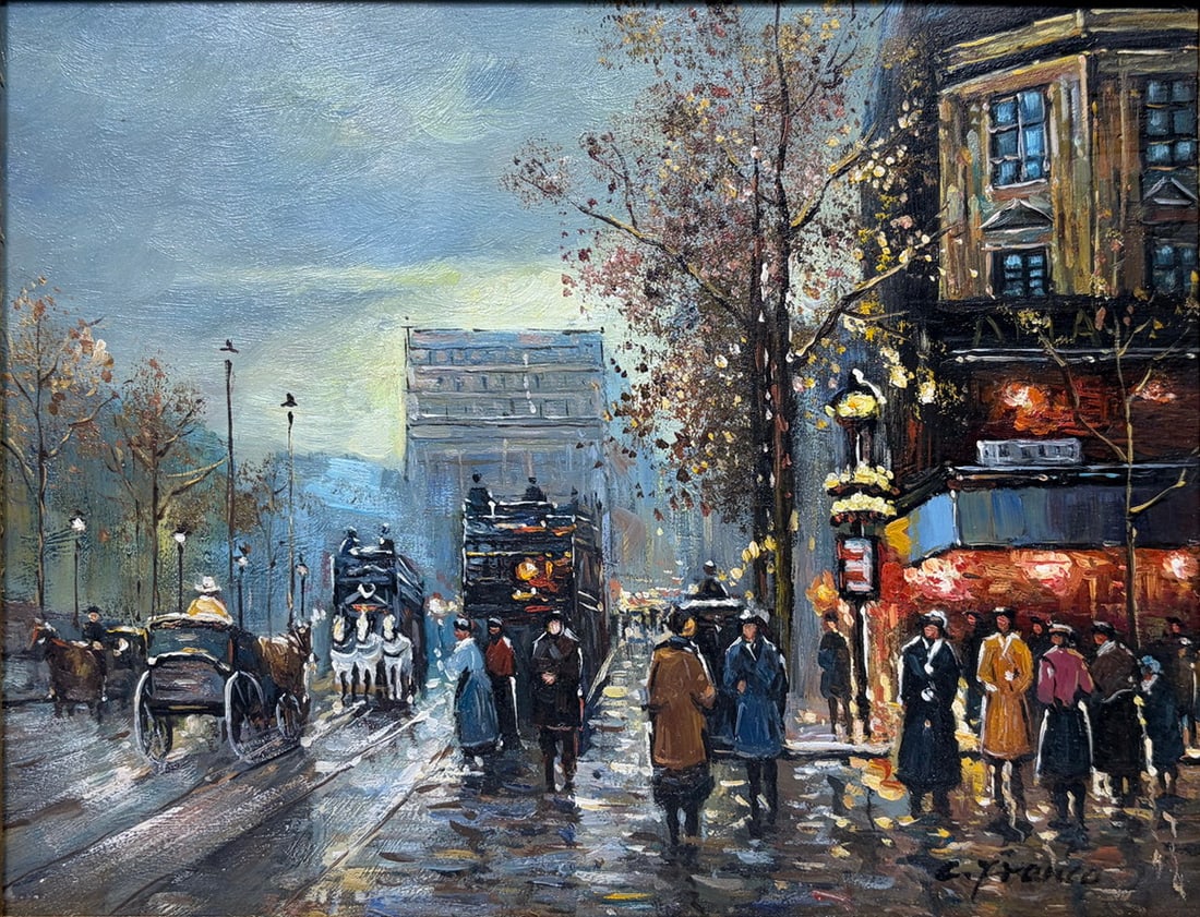Paris Street Scene Oil Painting in Ornate Frame: Oil on board depicting a Parisian street scene with figures beneath autumn foliage. Executed in an Impressionist style with textured brushwork and palette knife application. Housed in an ornate gilt a
