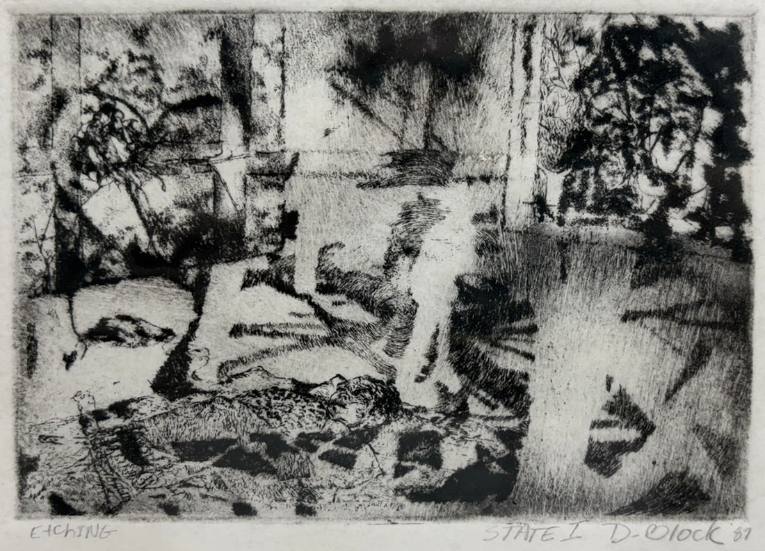 Signed Abstract Figural Composition Etching, 1987