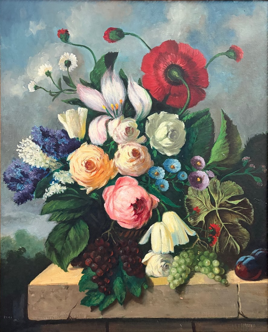 Signed Floral Still Life Oil Painting Framed Art: Floral still life oil painting on canvas depicting an abundant arrangement of blossoms and fruit on a stone ledge. The composition includes red poppies, lilies, roses, blue flowers, grapes, and foliag