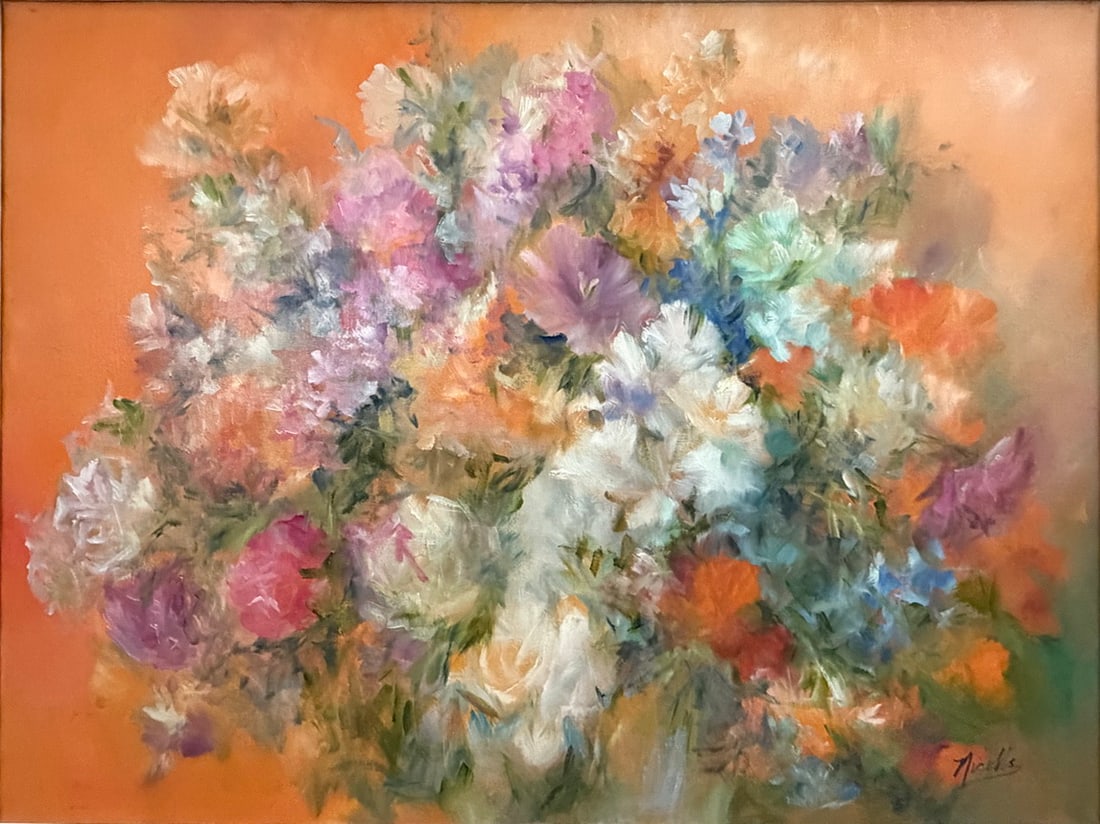Floral Bouquet Oil Painting in Gold Tone Frame: Oil painting on canvas depicting a lush floral bouquet in a soft impressionistic style. The composition features an abundance of colorful blossoms rendered with expressive brushwork against a warm