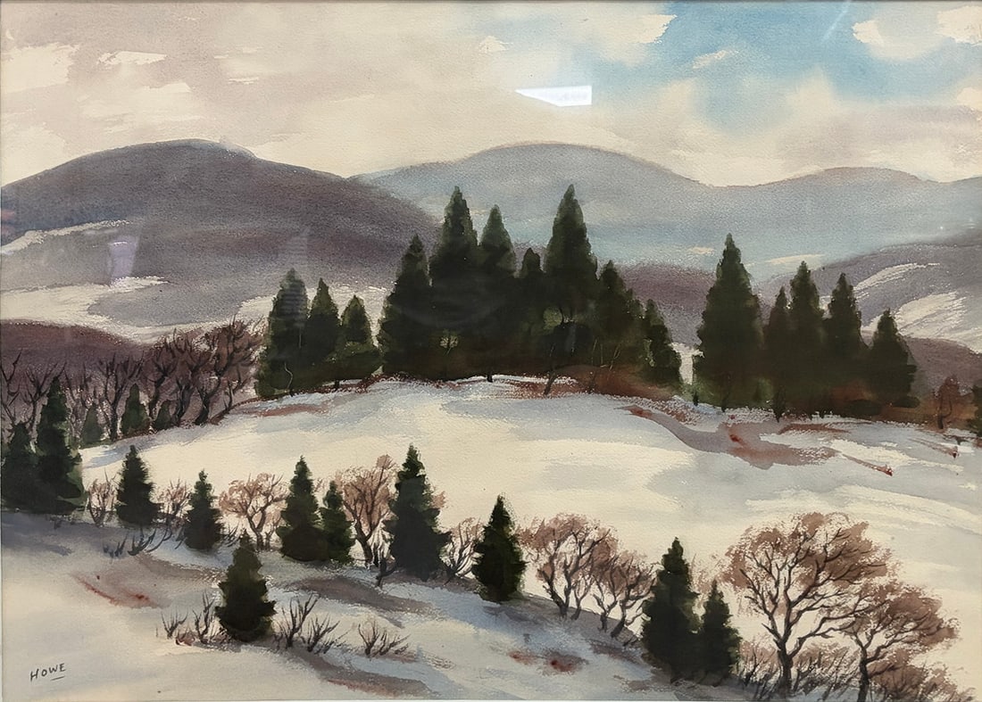 Howe Winter Mountain Landscape Watercolor Painting: Watercolor painting depicting a serene winter landscape with snow-covered hills, evergreen trees, and distant mountains beneath a soft sky. Rendered in muted tones with atmospheric depth and delicate