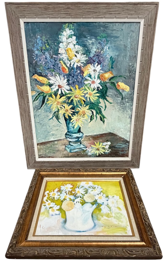 Signed Framed Floral Still Life Oil Paintings 2pcs: Pair of floral still life oil paintings on canvas, offered as a matching lot. One depicts a bouquet of daisies, tulips, and blue flowers in a classical pedestal vase, while the other features white