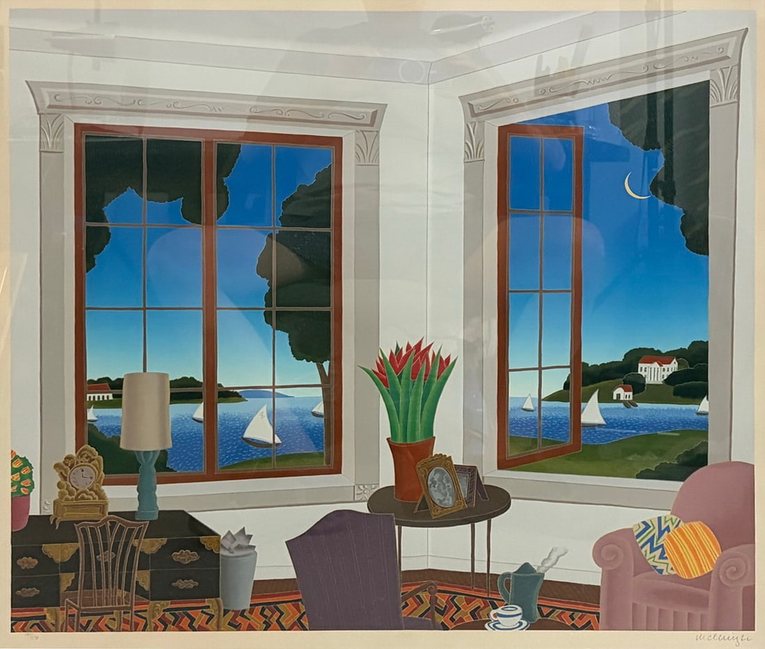 Thomas McKnight "North Shore" Signed Serigraph: Framed and matted color serigraph on paper titled "North Shore" by Thomas McKnight. Depicts a brightly colored interior scene overlooking a waterfront landscape with sailboats, trees, and coastal