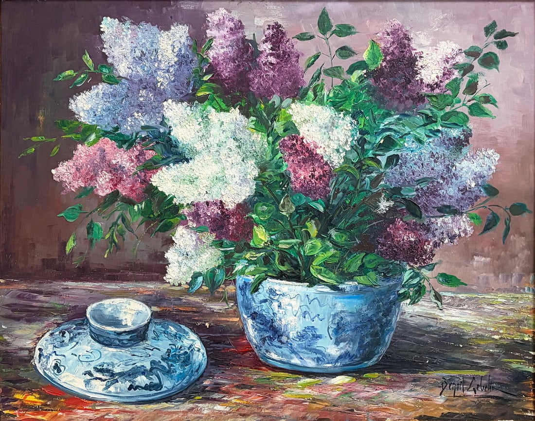 Benoit-Gobelin Floral Still Life Oil on Canvas 30": Oil on canvas floral still life by Benoit-Gobelin depicting lilacs in a blue and white jardiniere. Executed with textured palette knife and brushwork, signed lower right. Verso retains artist, gallery