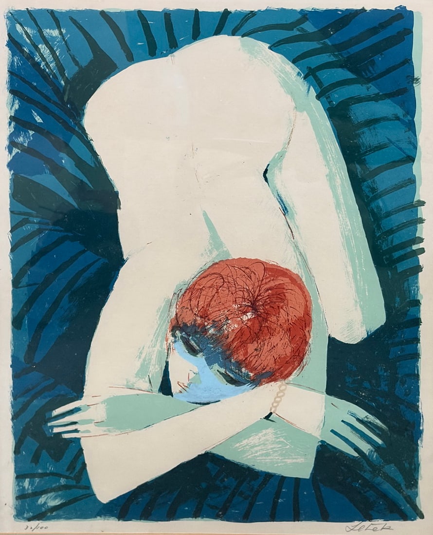 French Charles Levier Female Figure Serigraph L/E: Framed limited edition serigraph by Charles Levier (French, 1920-2003) depicting a stylized seated female figure with vibrant red hair against a blue and teal abstract background. Executed in Levier's