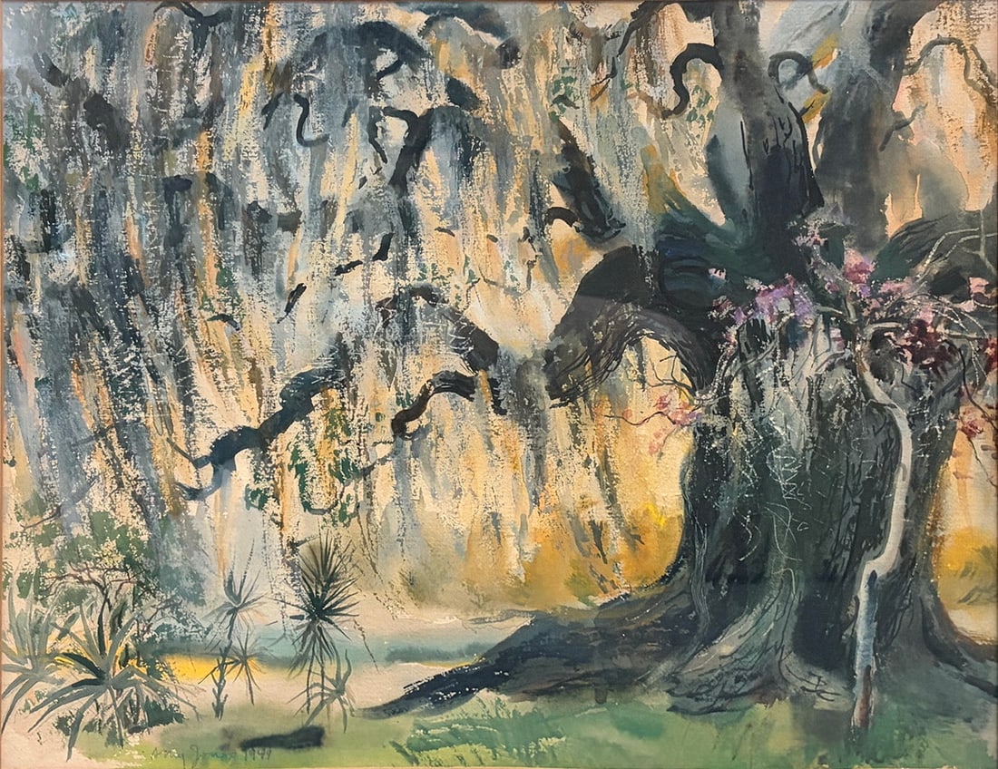 Framed Signed Abstract Watercolor Landscape, 1949: Abstract watercolor on paper depicting a loosely rendered landscape with expressive brushwork, organic forms, and a large tree accented with purple blossoms. The composition features layered washes of