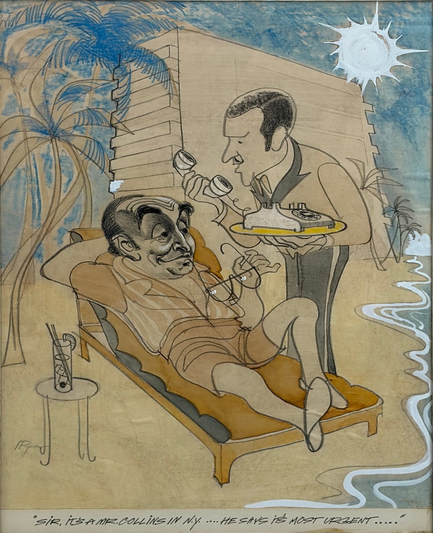 Humorous Pencil Signed Ink Drawing Framed Art: Ink drawing on paper depicting a reclining figure receiving a telephone message from a uniformed attendant in a waterfront setting. Features a humorous caption, pencil signature, and is presented unde