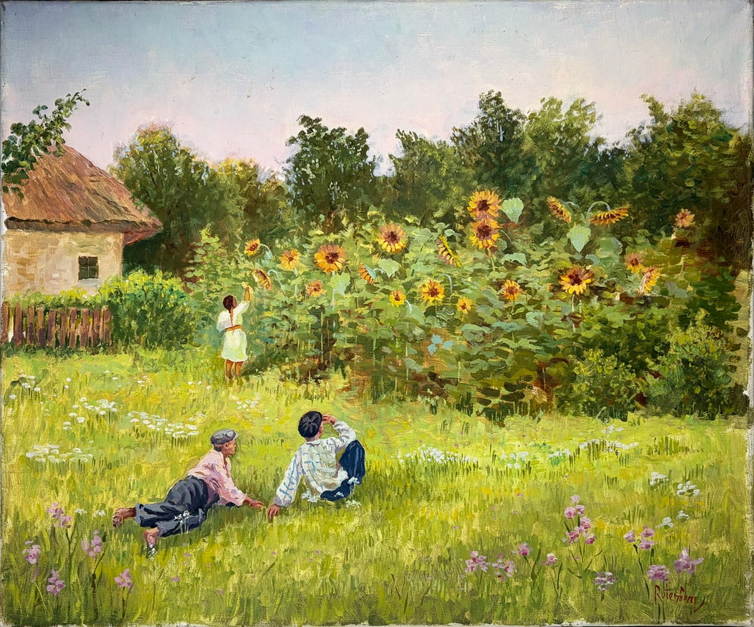 Signed Impressionist Style Landscape Oil on Canvas: Original oil on canvas painting depicting two figures resting in a sunlit meadow beside a cottage and a large sunflower garden. Executed in an impressionistic manner with loose brushwork and vibrant g