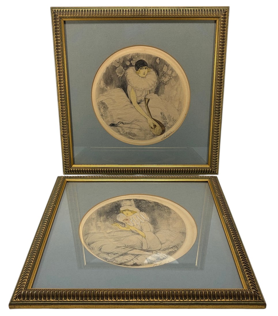 After Lea Lafugie Woman w/ Mandolin Etching 2pcs: Pair of circular colored etchings after Lea Lafugie, depicting elegant Art Deco-era women in theatrical costume. One portrait features a seated woman holding a flower, while the other depicts a woman 