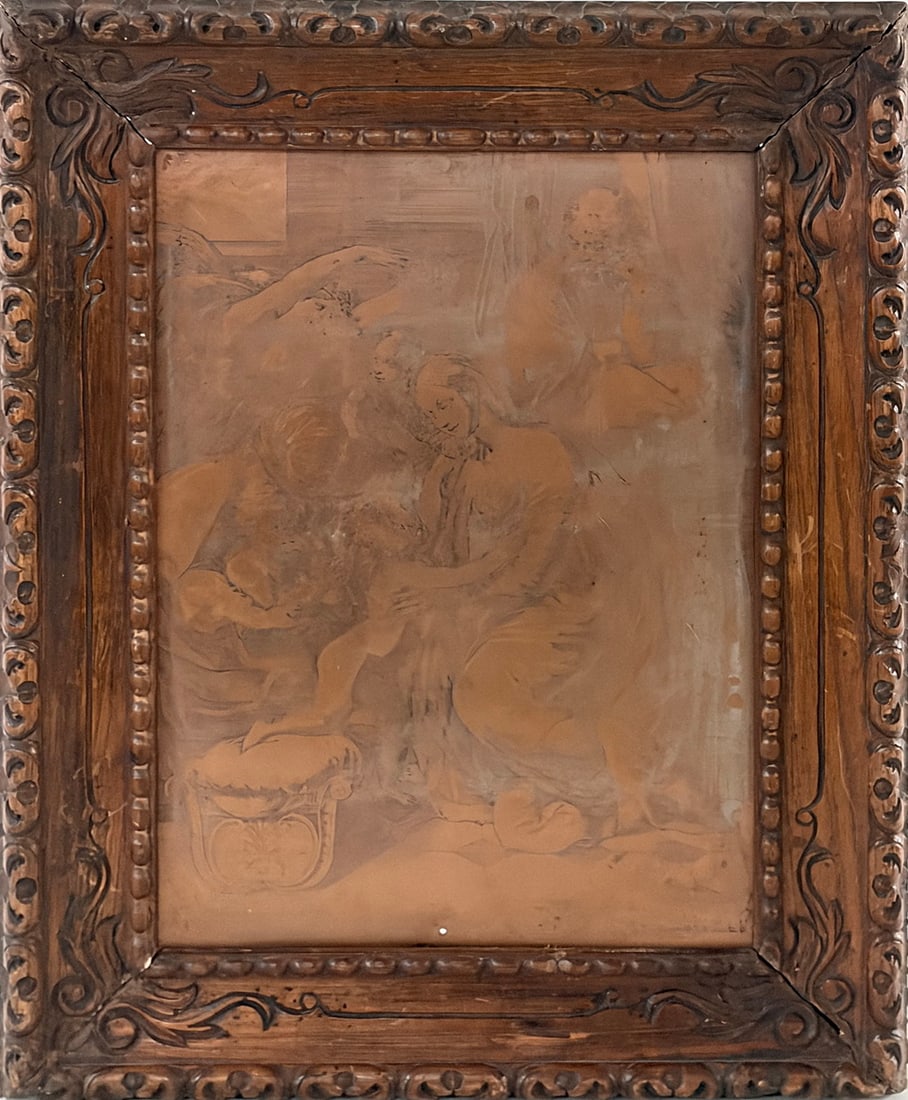 Renaissance Style Copper Engraved Plaque Rome 1583: Copper engraved plaque depicting a Renaissance-style domestic scene with multiple figures gathered around a child. The composition is executed in finely engraved line work with a warm aged copper surf