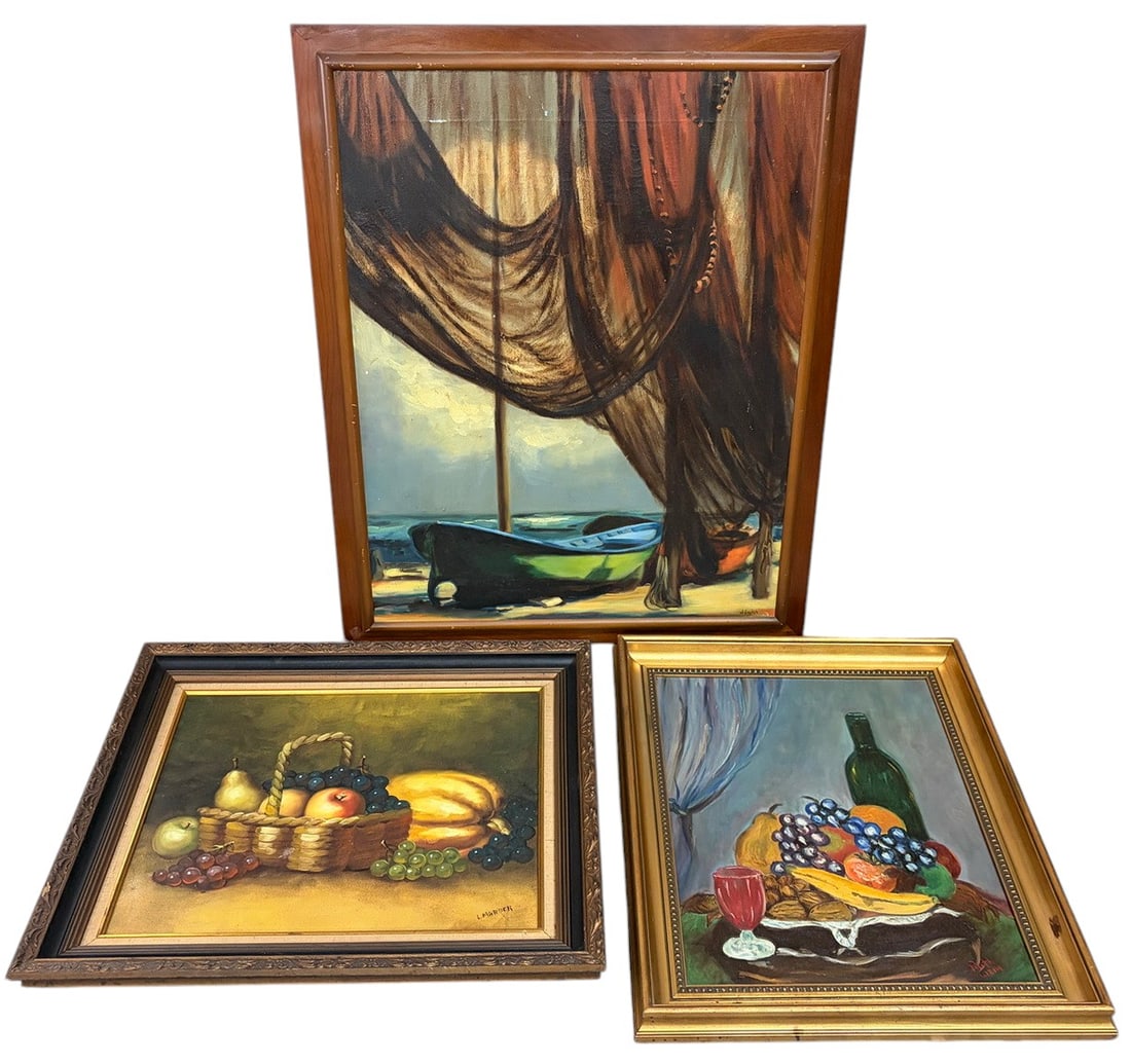 Framed Impressionist Oil Paintings on Canvas 3pcs: Lot of 3 framed oil paintings on canvas. Includes a fruit still life signed "Lahrer," a still life with fruit, wine bottle, and goblet signed "Ruth Weir," and a harbor scene with fishing nets and boat