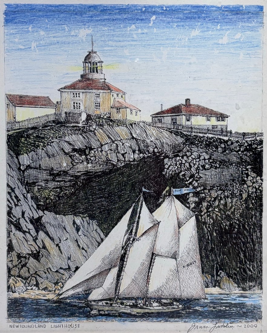 Irwin Lubalin Newfoundland Lighthouse Print Art: Colored print titled Newfoundland Lighthouse depicting a coastal lighthouse complex perched atop a rocky shoreline with a sailing vessel navigating the waters below. Executed in a detailed pen and ink