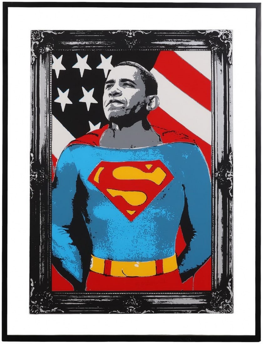 Mr Brainwash b.1966 Obama Pop Art Screenprint: Mr. Brainwash (French / American, born 1966), large screenprint on paper depicting a portrait of Barack Obama in Superman costume before an American flag backdrop, set within a trompe l'oeil frame bor