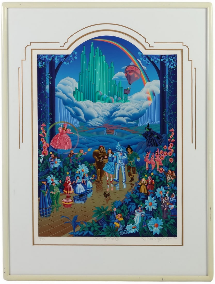 Melanie T Kent b1946 The Wizard of Oz Print SIGNED: Melanie Taylor Kent (American, born 1946). A vintage limited edition serigraph on paper titled "The Wizard of Oz," produced in 1989. The artwork vividly depicts Dorothy, the Scarecrow, Tin Man, and Co