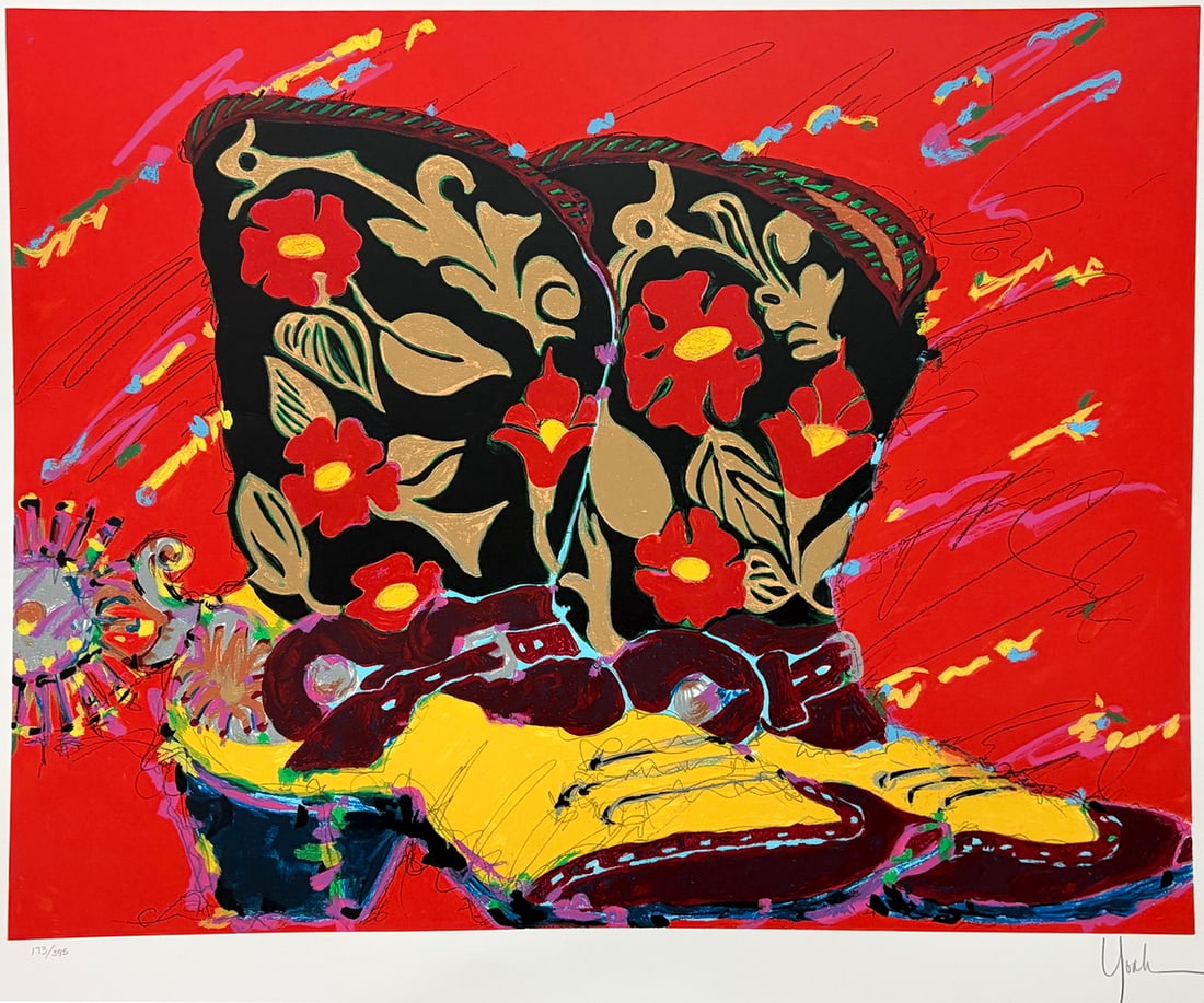 Kim Yoakum 20th C Cowboy Boots Serigraph Print L/E: Limited edition color serigraph by Kim Yoakum titled Cowboy Boots. The composition depicts an ornate floral-decorated cowboy boot rendered in bold colors against a vibrant red background with expressi