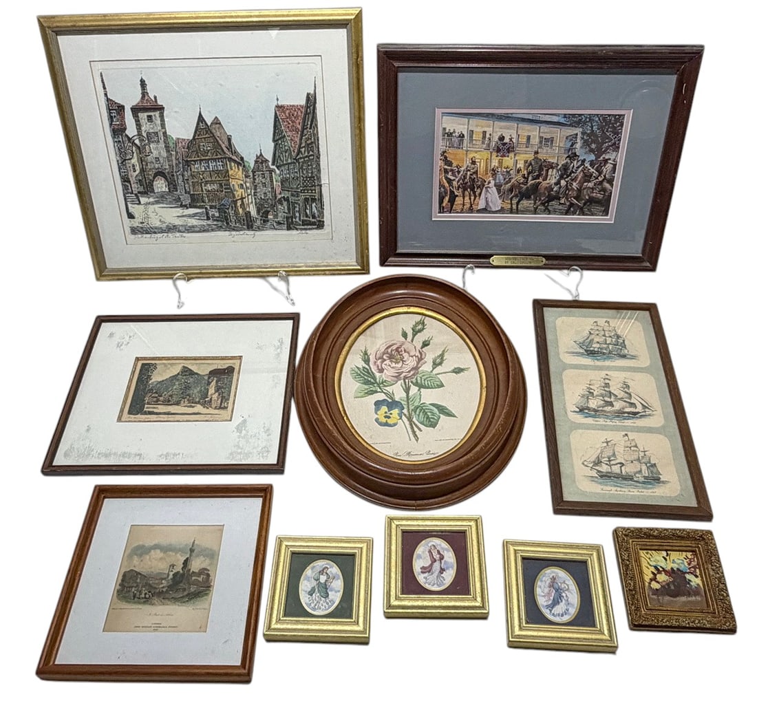 Framed Prints & Decorative Art 10pc LOT: Group of ten framed decorative artworks and prints. Lot includes a hand-colored engraving titled A Street in Athens published by John Murray, London, 1832; a framed European town scene identified as R