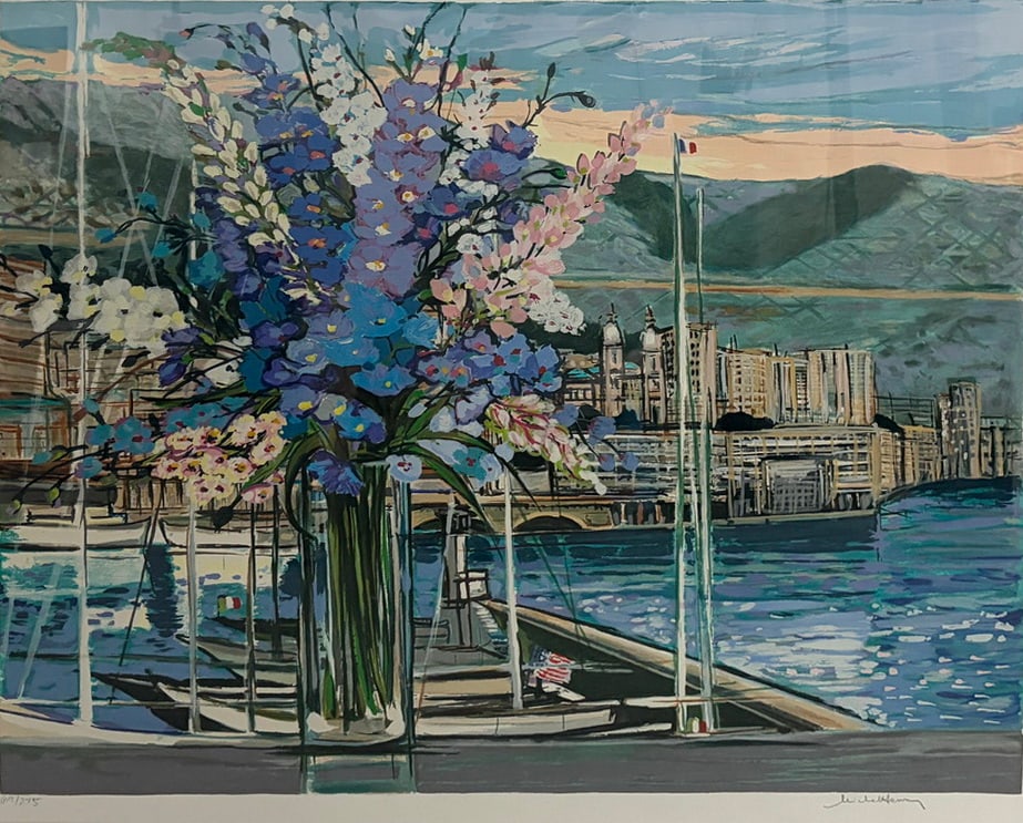French Michel Henry "Monte Carlo" Silkscreen L/E: Limited edition silkscreen print titled "Monte Carlo" by Michel Henry. Floral still life with harbor, sailboats, waterfront buildings, and mountains in vibrant impressionist colors. Pencil signed lowe