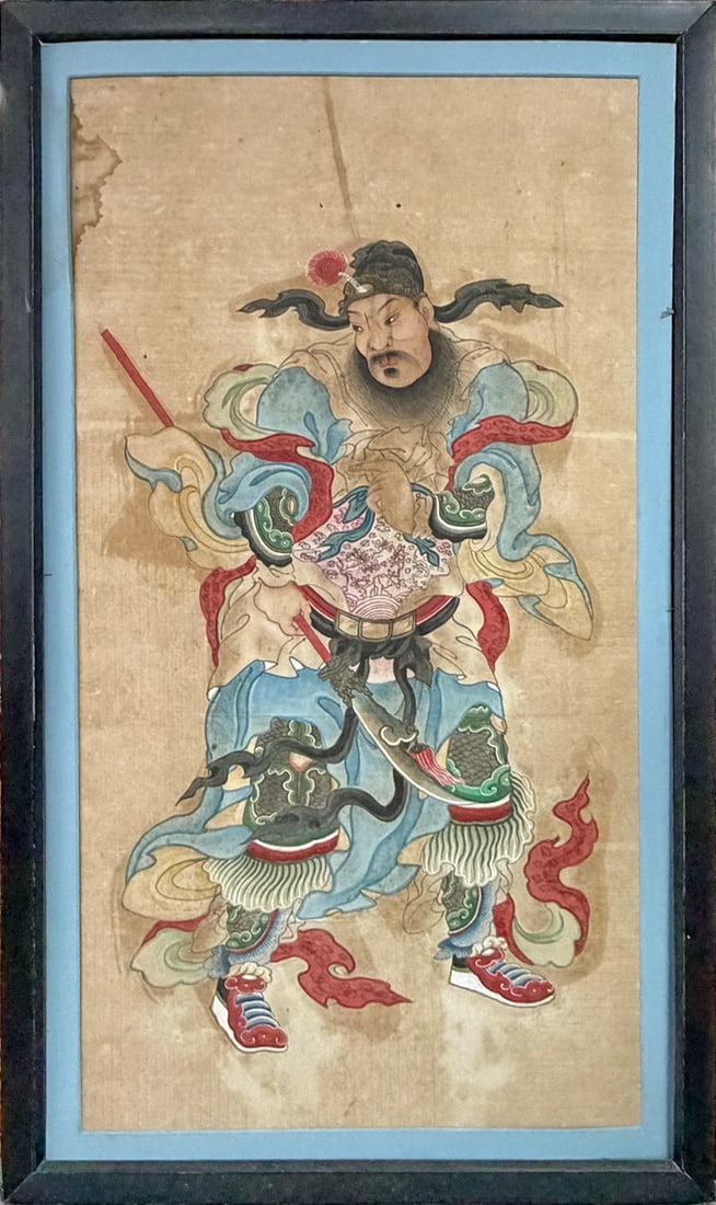 Chinese Guardian Warrior Watercolor on Silk Framed: Chinese watercolor and ink painting on silk depicting a guardian warrior in elaborate robes and armor, holding a red staff. Rendered in blue, red, green, and black tones with traditional religious and