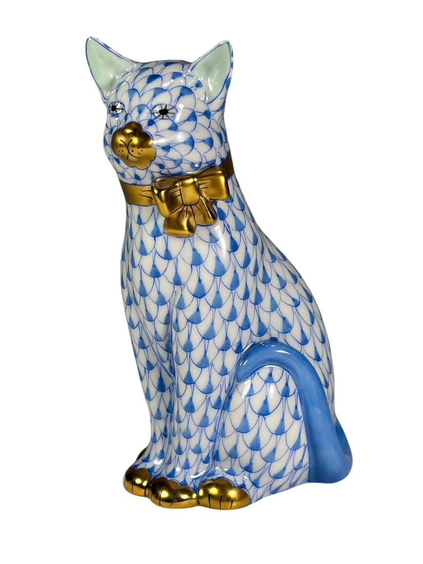 Herend Hungary Blue Fishnet Seated Cat Figurine (1 of 5)