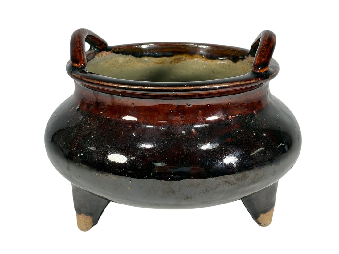 Chinese Flambe Glazed Tripod Ceramic Censer Vessel (1 of 7)