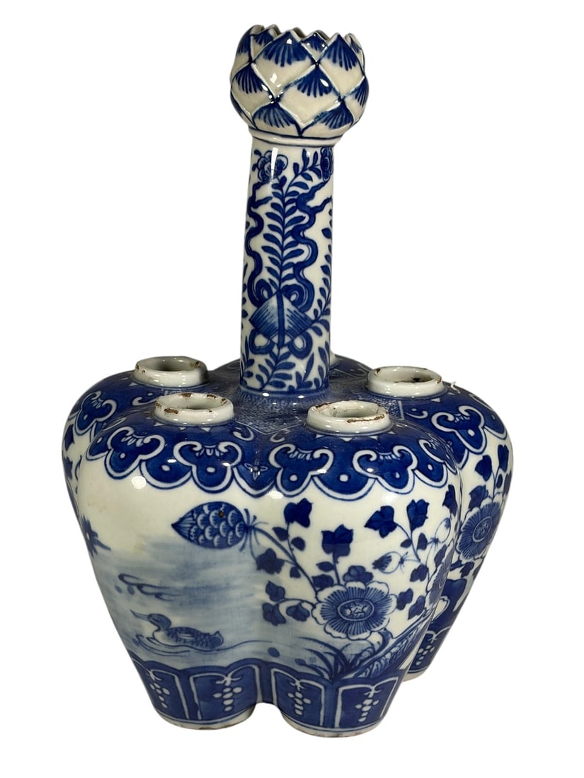 ChineSe Blue & White Five Tube Flower Vase Form: Chinese blue and white porcelain flower vase featuring five bud-form openings surrounding a central trumpet neck. Decorated with floral, foliate, and scrolling motifs in underglaze cobalt blue on a wh