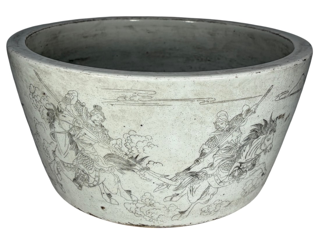 Chinese Yixing Zisha Warrior Scene Bonsai Planter: Large Chinese Yixing zisha ceramic fishbowl or bonsai planter decorated with finely detailed monochrome scenes of mounted warriors and attendants in a continuous landscape setting. The vessel features