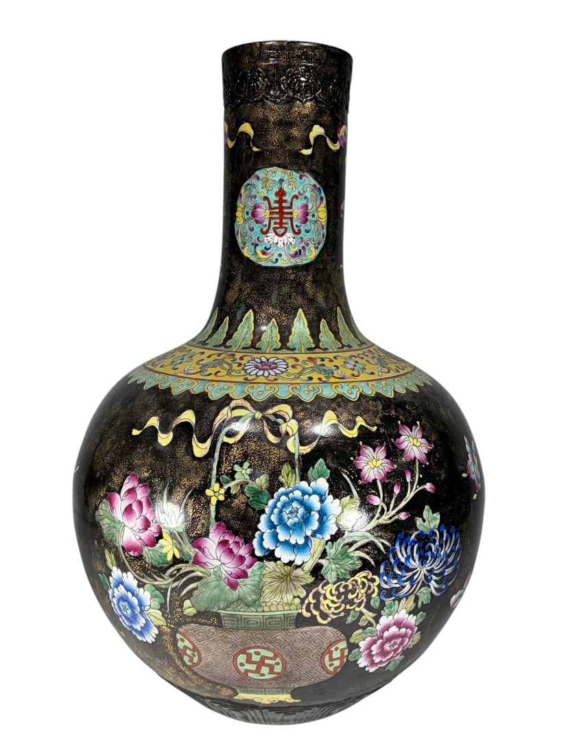 Chinese Black Ground Famille Rose Tianqiuping Vase: Chinese porcelain planter with iron-red ground, gilt crackle decoration, and Famille Rose reserves depicting birds, peonies, and flowering branches. Flared rim with drainage hole and hand-painted