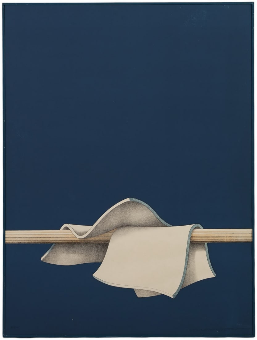 Lennart Nystrom (b.1944) Two Sheets Litho SIGNED: An artist proof colored serigraph on paper by Lennart Nystrom (Swedish, born 1944), titled Two Sheets. This minimalistic composition features a white cloth draped over a horizontal wooden rod, with th
