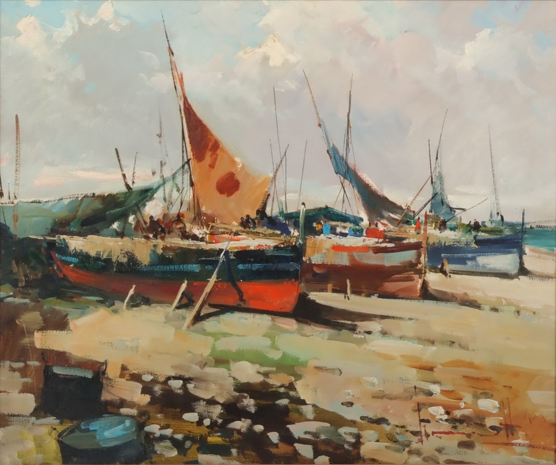 Antique Maritime Fishing Boat Oil Painting SIGNED: Original oil painting on canvas depicting a maritime scene with moored sailboats along a rocky shoreline. The piece features impressionistic brush strokes and a harmonious color palette. Signed in the