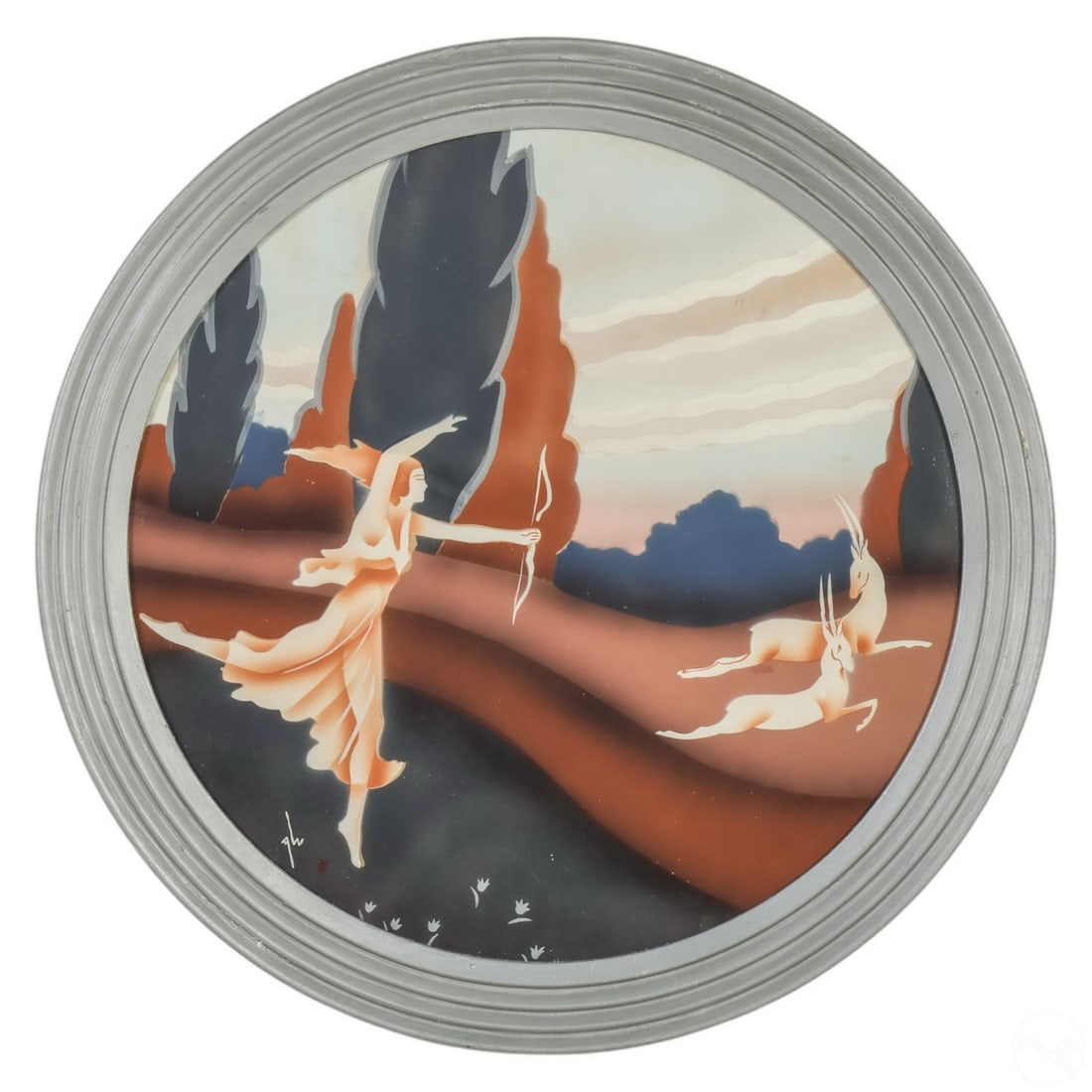 Art Deco Archer & Deer Landscape Painting SIGNED: Original Art Deco-style airbrush painting on paper depicting an archer in flowing robes aiming at two leaping deer within a stylized landscape. Executed in a muted color palette with soft gradients, t