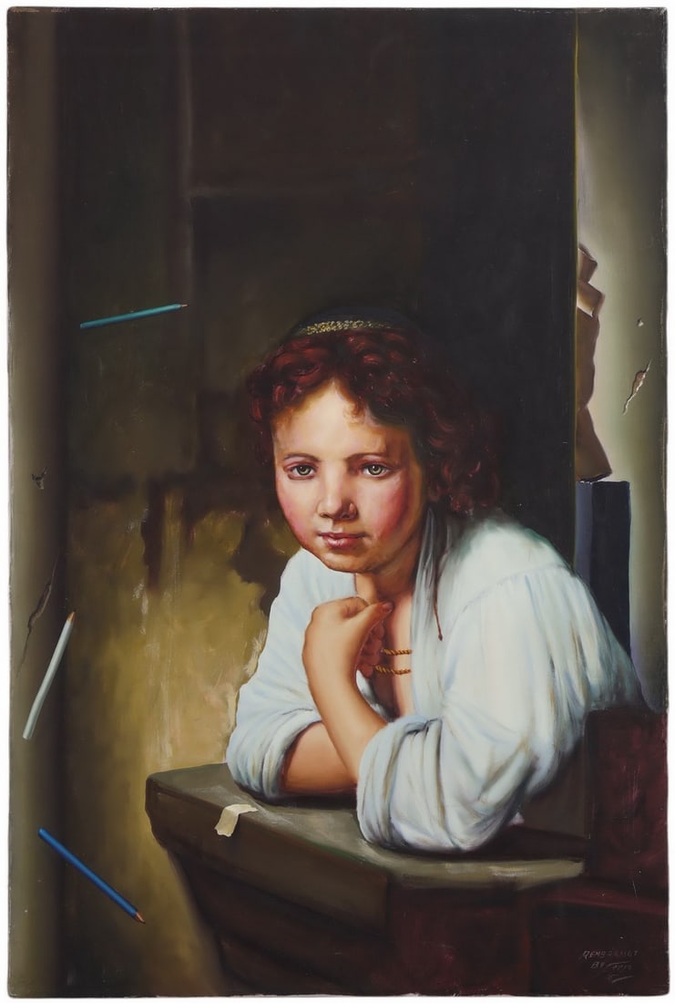 Ferjo b.1946 Homage to Rembrandt Portrait Painting: Fernando De Jesus Oliveira (Ferjo) (Brazilian, born 1946), original oil painting on canvas in the manner of Rembrandt, depicting a young girl in a contemplative pose with her arm resting on a ledge. E