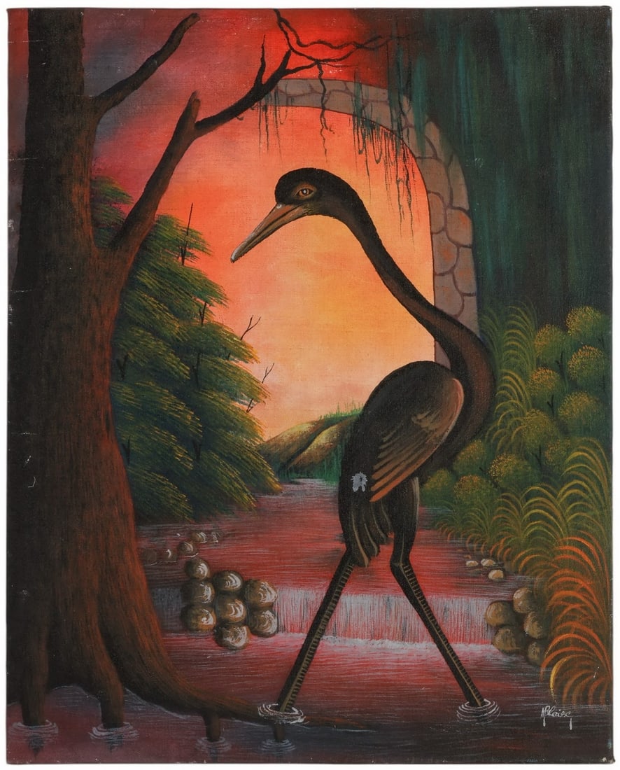 M Blaise 20C Haitian School Folk Art Bird Painting: M. Blaise (Haitian, 20th/21st century), original painting on canvas depicting a lone heron wading through a river beneath a stone archway surrounded by dense foliage. The composition features vivid