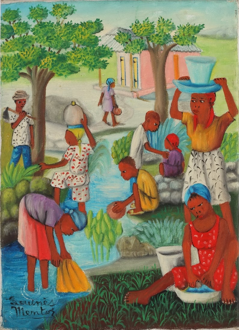 Louines Mentor (Haitian, b.1936) Folk Art Painting: Louines Mentor (Haitian, born 1936), original painting on canvas depicting a rural Haitian scene with women and children washing clothes by the river. Set amid lush greenery and pastel-toned houses, t