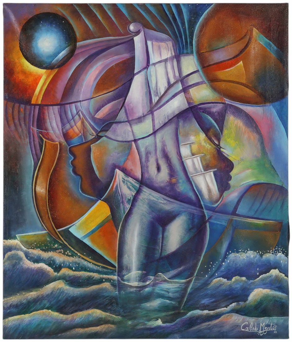 Caleb Mentor (Haitian 20C) Geometric Nude Painting: Caleb Mentor (Haitian, 20th/21st century), original painting on canvas titled Aguetawo Yo, 2012. The abstract composition features a female nude rendered in purples and silvers, merging with cosmic an