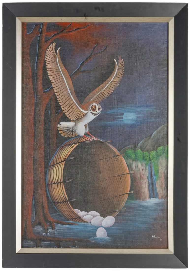M Blaise 20C Symbolic Flying Owl Haitian Painting: M. Blaise (Haitian, 20th/21st century), original painting on canvas depicting a surreal scene of a barn owl in mid-flight against a twilight sky. The owl soars above a large wooden barrel or drum part