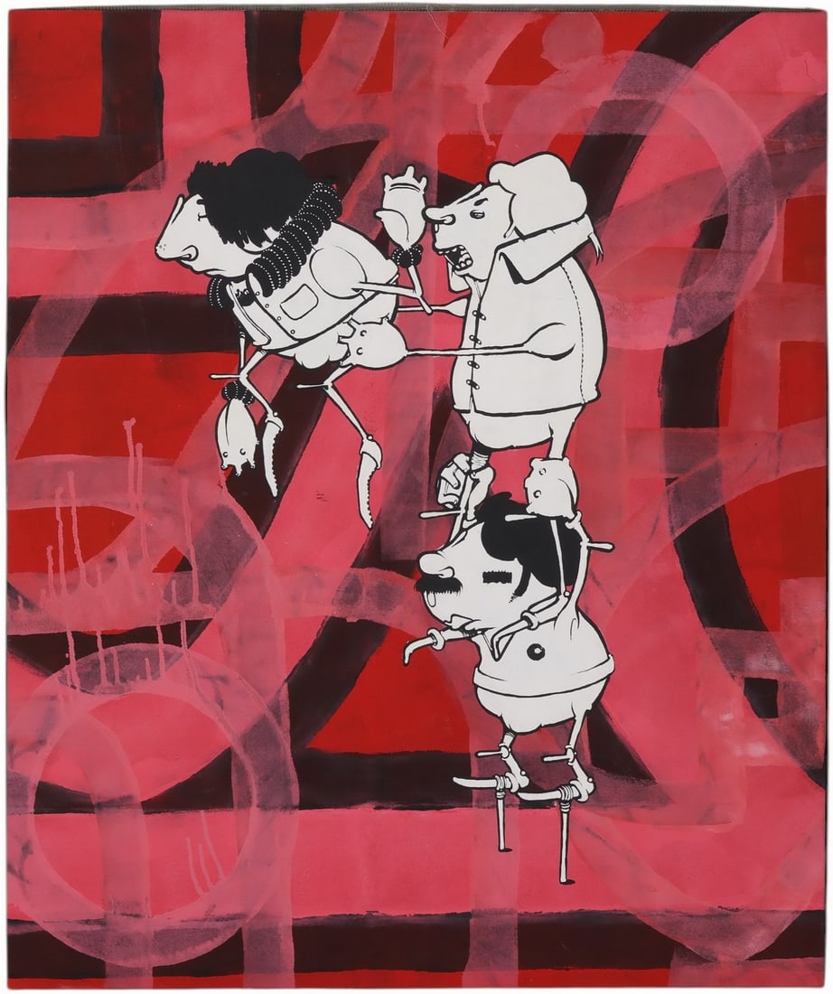 Alex Hornest Brazilian b.1972 Street Art Painting: Alex Hornest (Brazilian, born 1972), original acrylic on canvas featuring surreal cartoon-like figures set against a red, pink, and black geometric background. The composition blends elements of