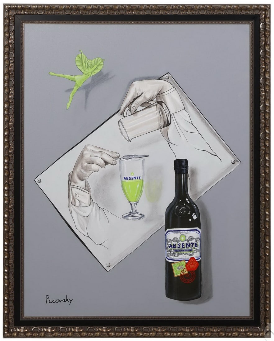John Pacovsky b.1950 Escher Absente Ad Painting: John Pacovsky (American, born 1950), acrylic on canvas created for an Absente liqueur advertising campaign, paying homage to the visual style of M.C. Escher. The composition features a paradoxical per