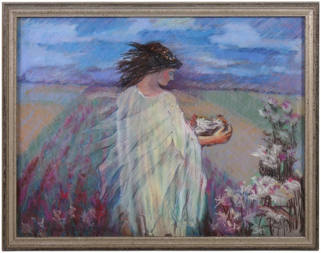 N Marino D'Alessio 20C Girl in Flower Field Pastel: Natalie Marino D'Alessio (American, 20th century), Windblown Woman in Field Holding Flowers, 2000, pastel on paper. The composition depicts a solitary female figure in flowing attire standing in a