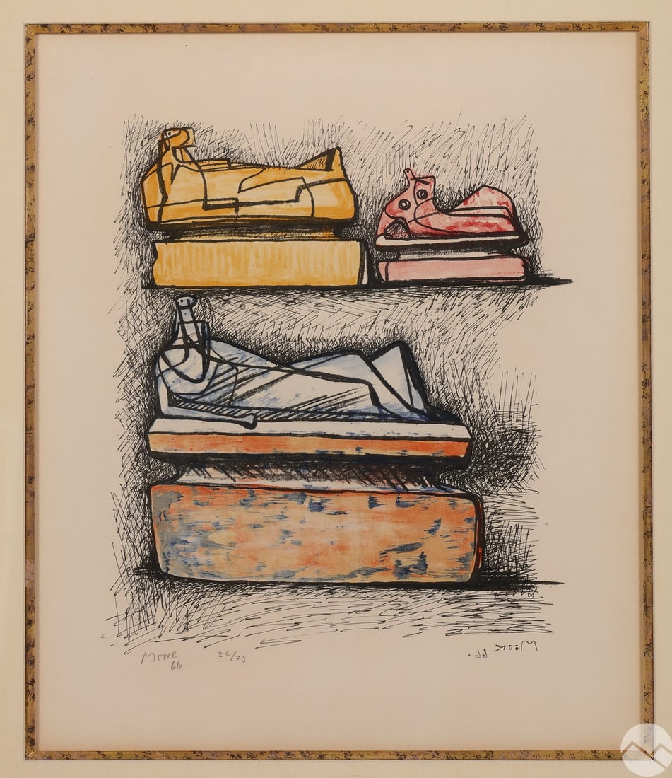 Reclining Figure Litho after Henry Moore 1898-1986: After Henry Spencer Moore (British, 1898-1986), Three Reclining Figures on Pedestals (Cramer 62), 1966, limited edition color lithograph on paper. The composition features three abstract reclining fig