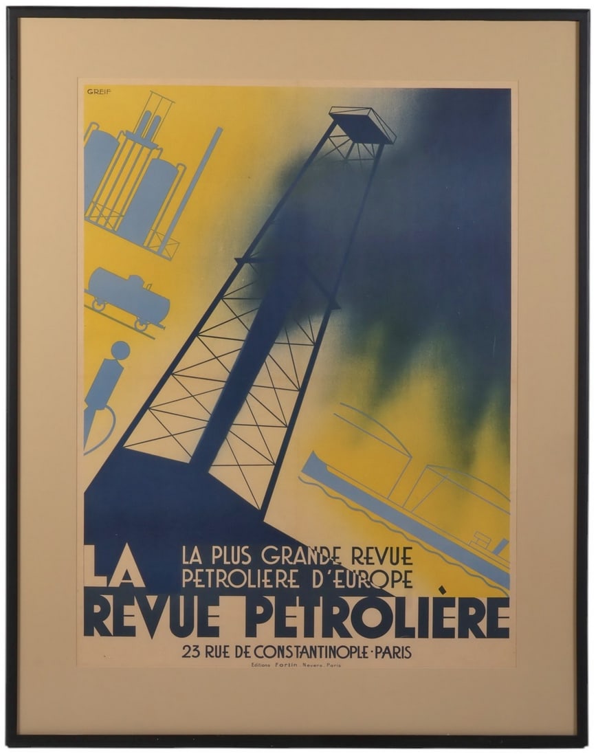 Vintage French La Revue Petroliere Art Deco Poster: Vintage La Revue Petroliere poster designed by artist Greif, featuring an industrial oil derrick in bold Art Deco style with striking yellow and navy blue hues. Emphasizing geometric lines and industr