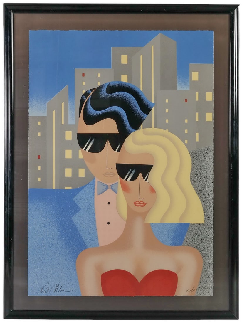 Robin Morris b.1953 Stepping Out Lithograph SIGNED: Robin Morris (American, born 1953), Stepping Out, limited edition color lithograph on Arches-style paper with deckled edges. The composition embodies Morris's signature 'New Deco' style and features a