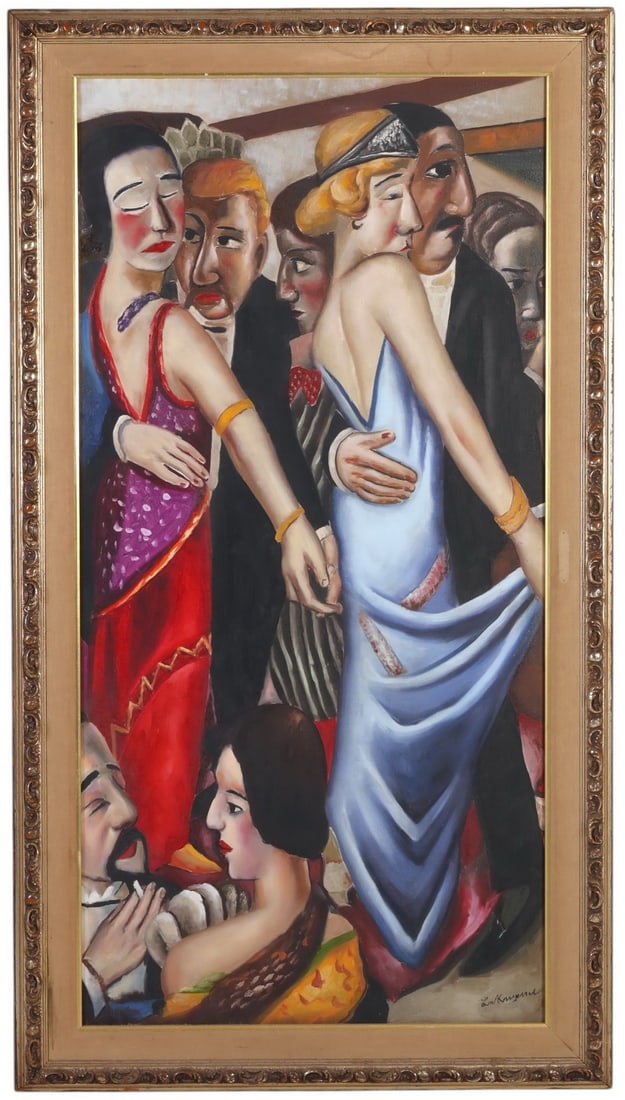 Ferjo b.1946 Homage to Beckmann Dancers Painting: Fernando De Jesus Oliveira (Ferjo) (Brazilian, born 1946), original oil painting on canvas in the Art Deco style, executed in the manner of Max Beckmann. The composition pays homage to Dancing Bar in 