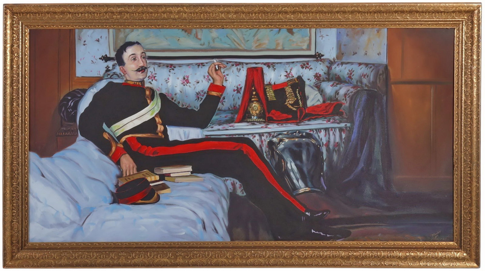 Ferjo b.1946 Homage to Tissot Colonel Oil Painting: Fernando De Jesus Oliveira (Ferjo) (Brazilian, born 1946), Colonel Frederick Burnaby, original oil painting on canvas. The work depicts a reclining figure in full uniform, smoking amid an interior set