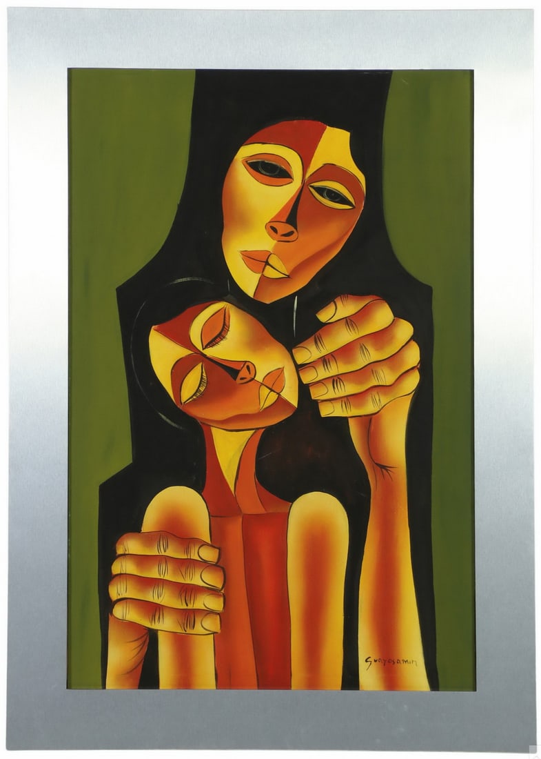 Figural Cubist Portrait Painting after Guayasamin: An original acrylic painting on canvas after Oswaldo Guayasamin (Ecuadorian, 1919-1999). A contemporary Latin American Cubism style figural work depicting mother and child figures in color tones of gr