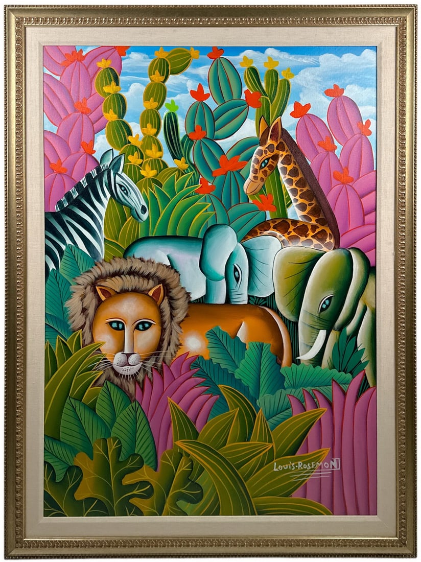 Louis Rosemond b1957 Haitian Jungle Scene Painting: Louis Rosemond (Haitian, born 1957). An original painting on canvas. A colorful folk art landscape depicting exotic animals including a giraffe, zebra, elephants, and a lion. Signed lower right. Prese
