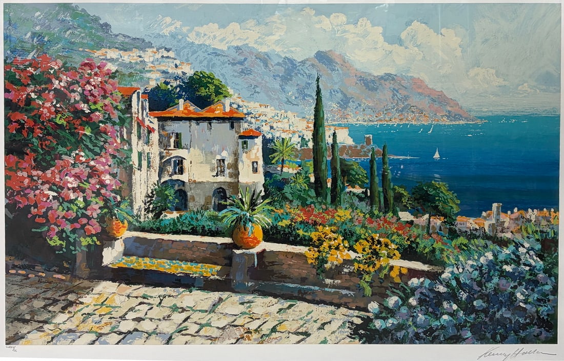 Kerry Hallam Amalfi Coast Signed Painting L/E: Limited edition color print titled Amalfi Coast by Kerry Hallam. Depicts a Mediterranean coastal landscape with flowering gardens, villas, cypress trees, sailboats, and mountain views overlooking blue