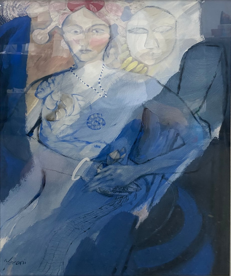 Signed Figural Expressionist Painting in Frame Art: Framed expressionist figural painting depicting a seated woman in blue with stylized facial features, floral accents, and a secondary figure in the background. Executed in shades of blue, white, black