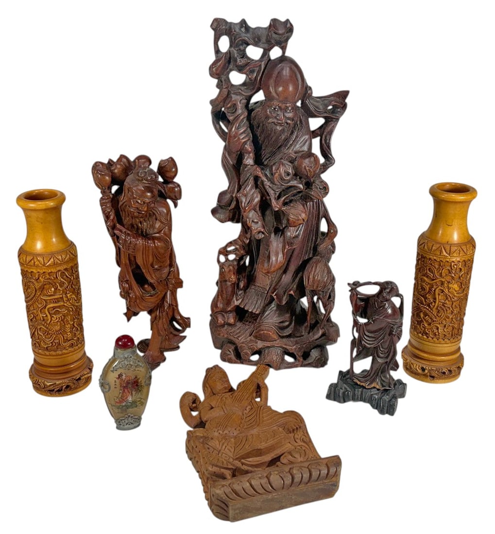 Assorted Asian Carvings, Vases & Snuff Bottle 7pcs (1 of 10)