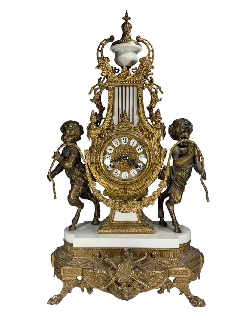 French Style Brass Cherub Figural Mantel Clock (1 of 8)