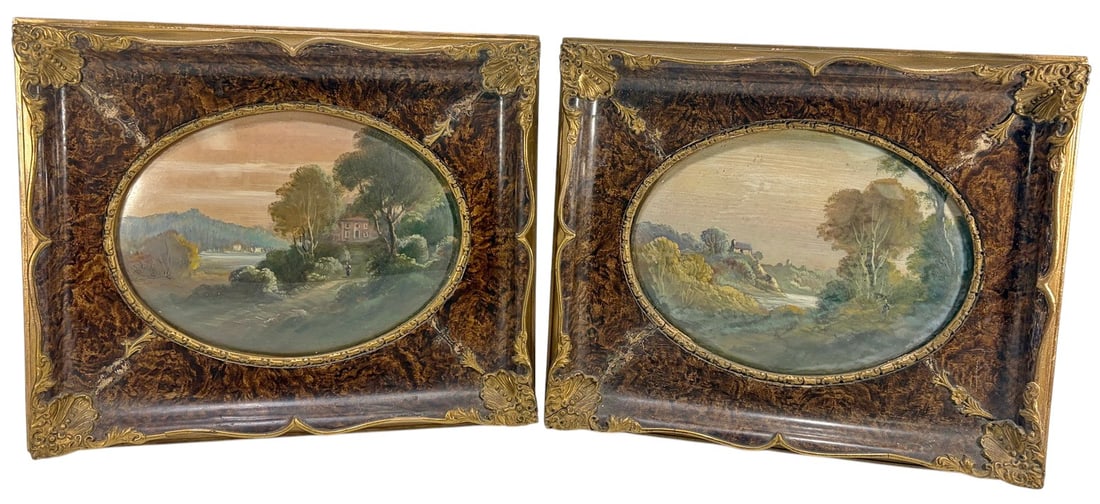 Framed Watercolors w/ Convex Glass Panels 2pc LOT: Pair of framed watercolor landscape paintings depicting tranquil countryside and river scenes. Each watercolor is displayed beneath oval convex, bombe glass and housed in matching decorative faux burl